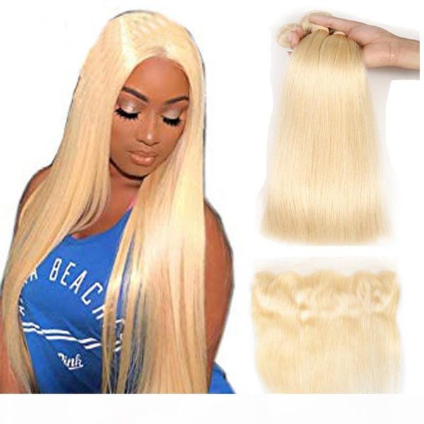 

613 blonde bundles with frontal ear to ear straight human hair bundles blonde virgin hair weave 3 bundles with frontal 613# light blonde, Black;brown