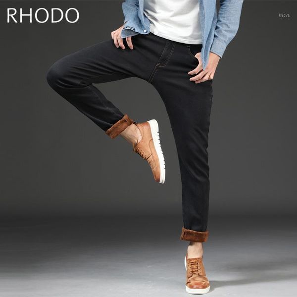 

new men`s retro black warm thicken fleece stretch slim straight jeans business trousers denim pants plus size 28-481, Blue