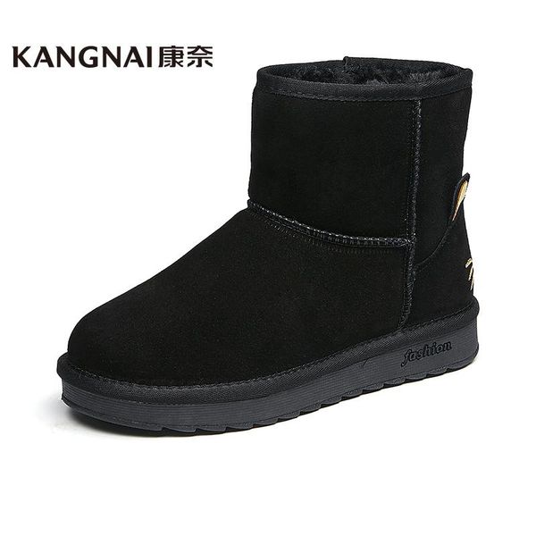 

kangnai женщины snow boots корова suede слип-on плюшевые классический короткие ботильоны женский зима теплая обувь, Black