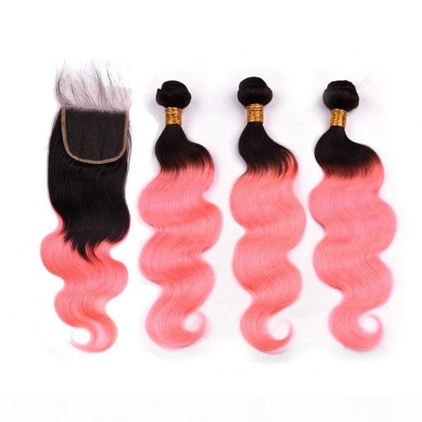 

ombre pink malaysian human hair body wave weave bundles 3pcs and closure #1b rose gold ombre hair bundles with 4x4 lace closure, Black;brown