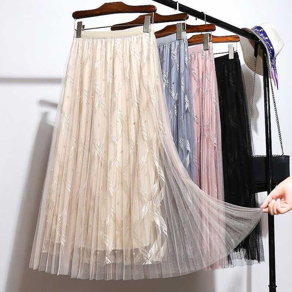 

2020 sping fashion women midi long pleated skirt summer skirts womens elastic high waist beading embroidery mesh tulle skirt1, Black