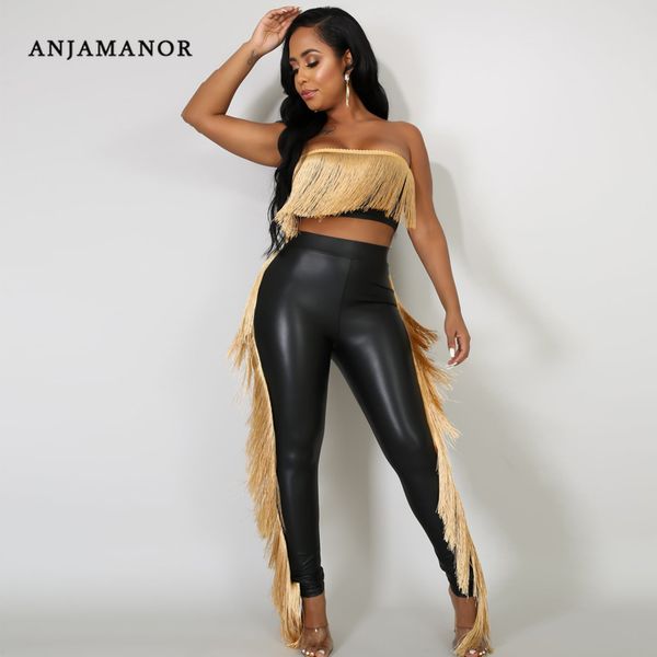 

anjamanor 2 piece club outfits for women pu leather tassel bodycon pants set two piece matching sets plus size d35-ai17 t200702, White