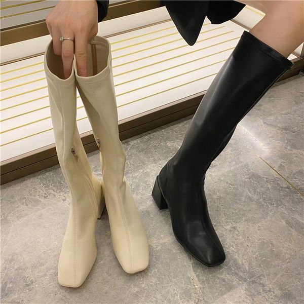 

zipper brand women's shoes lady boots boots-women booties woman 2020 low heel thigh high heels high round toe, Black