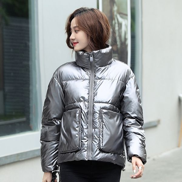 

winter women parkas jackets fashion short glossy down cotton coats big pocket shiny warm thick parkas female cold outwear 201103, Black
