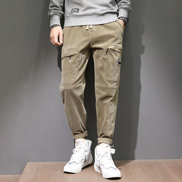 

2021 new japanese style fashion men jeans designer khaki corduroy casual cargo pants streetwear hip hop loose fit wide leg harem trousers pz, Blue