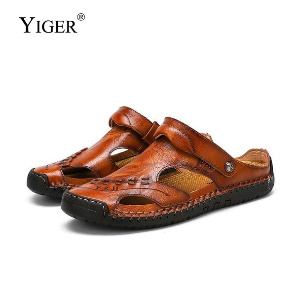 

yiger new men sandals slippers man casual hole shoes genuine leather large size male beach sandals summer leisure slippers 275 t200420, Black