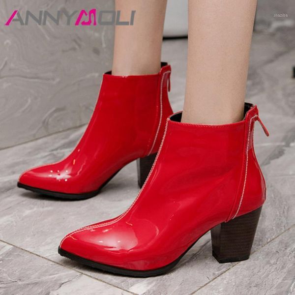 

boots annymoli high heel ankle pointed toe woman block shoes zip short ladies autumn winter beige plus size 461, Black
