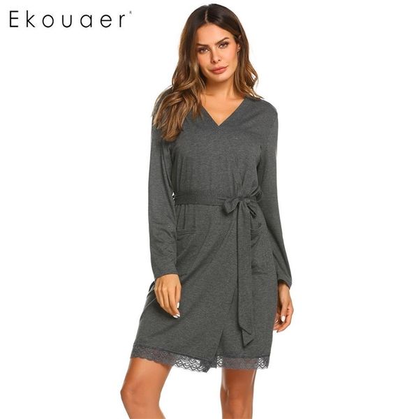 

ekouaear women sleepwear robes night robe solid v-neck long sleeve lace trim pocket bathrobe dressing gown kimono nightgown y200425, Black;red