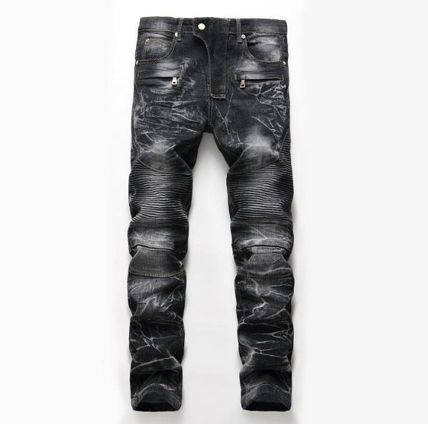 

retro tide hole men's jeans fashion hip hop boys straight trouser crumpled mens leisure trousers slim jeans men jean bottoms 421, Blue