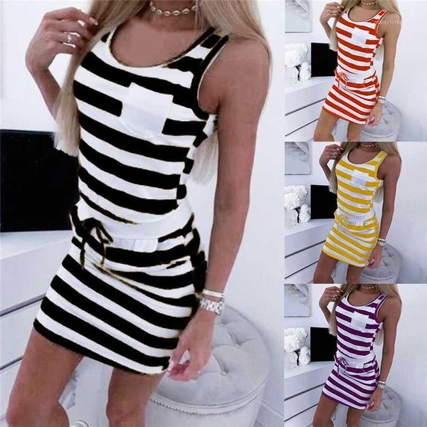 

casual dresses plus size dress 2021 summer women short sleeved sleeveless stripe print straight tunic waist dresses1, Black;gray