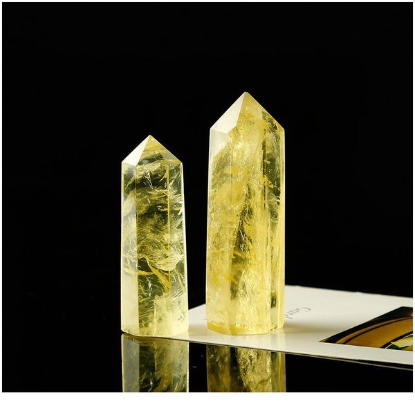 

1pc natural yellow crystal hexagonal column transparent crystal point mineral ornament healing wand home decor gift de qyldcp, Black
