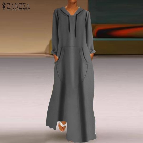 Kadın Sonbahar Kapüşonlu Maxi Elbise Zanzea Vintage Uzun Kollu Hoodies Tişörtü Rahat Kadın Sundress Artı Boyutu Vestidos T200416