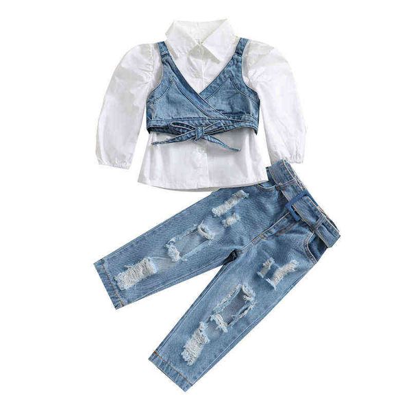 

pudcoco 1-6y 3pcs casual new fashion white single breasted button up lapel shirt +denim v-neck outwear vest+ripped jeans set g220217