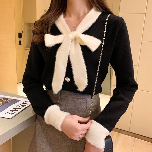 

2021 new autumn elegant female cardigan bow chic vintage single-breasted sweater ladies from y505 mk4i, White;black