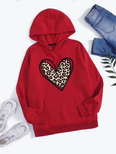 

heart & leopard print drawstring hoodie c2ef#, White;black