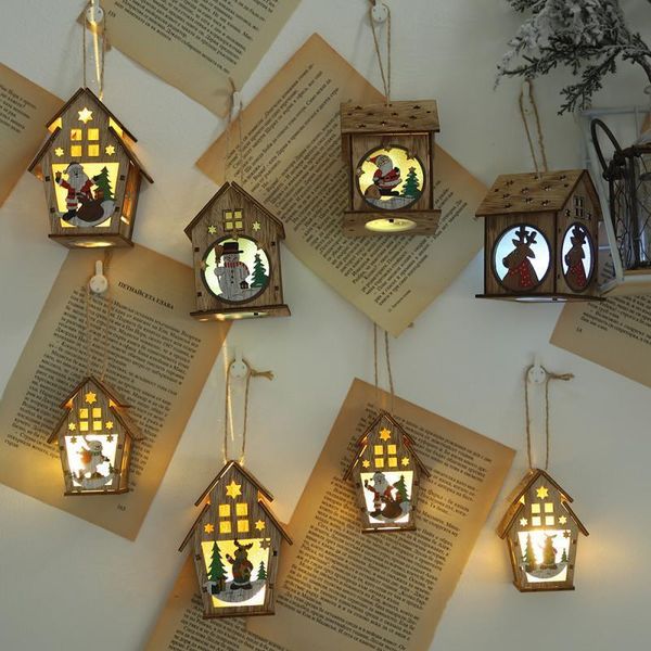 

2021 elk santa house decoration tree wooden light diy led clause snowman hanging pendant merry christmas decor for home new