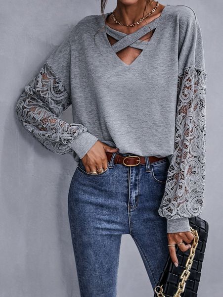 

crisscross front contrast guipure lace drop shoulder pullover o7xw#, White;black