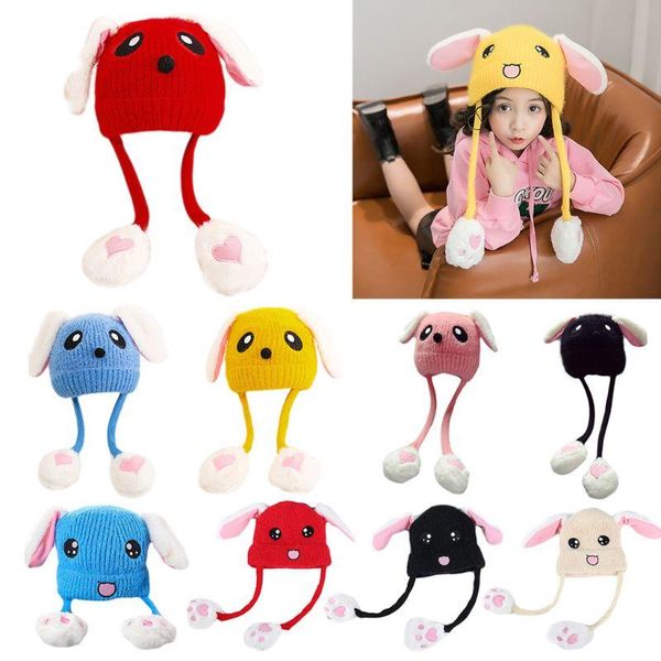 

2020 kids face embroidery knitted hat with airbag moving winter ears warm thick plush doll beanie cap gifts 1-10t