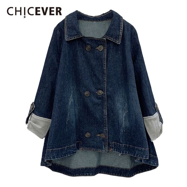 

chicever korean patchwork hit color women's denim jacket lapel collar long sleeve oversize asymmetric coats female clothes 201026, Black;brown