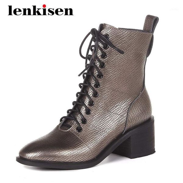 

lenkisen large size genuine leather streetwear round toe thick high heel zipper young lady punk dress keep warm ankle boots l7f41, Black