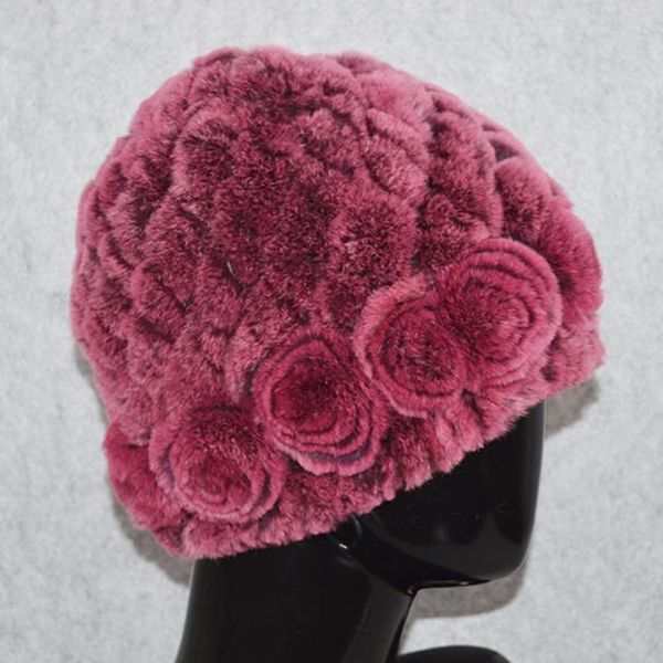 

новые женщины 100 подлинной вязаный rex кролика меховой шляпы зима вязаный цветок крышка женщин настоящий рекс кролика меховые шапочки шляпы