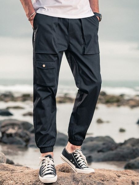 

men flap pocket pants v33f#, Black