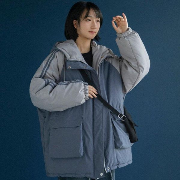 

women's down & parkas thickening winter detachable hat korean loose large faux fur collar patchwork cotton coat, Black