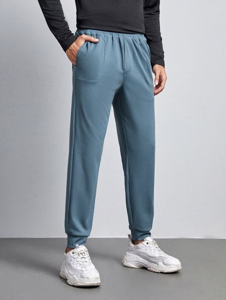 

men patch pocket solid joggers a41b#, Black