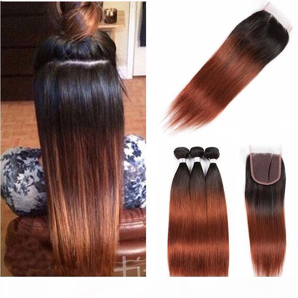 

brazilian straight ombre human hair weave bundles with lace closure two tone 1b 33# brazilian auburn virgin hair extensions with closure, Black;brown