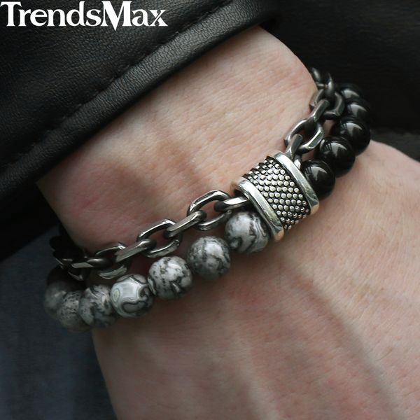 

trendsmax natural map stone men's beaded bracelet for women stainless steel bracelets male jewelry tiger eye 8 9 10 inch db33, Black