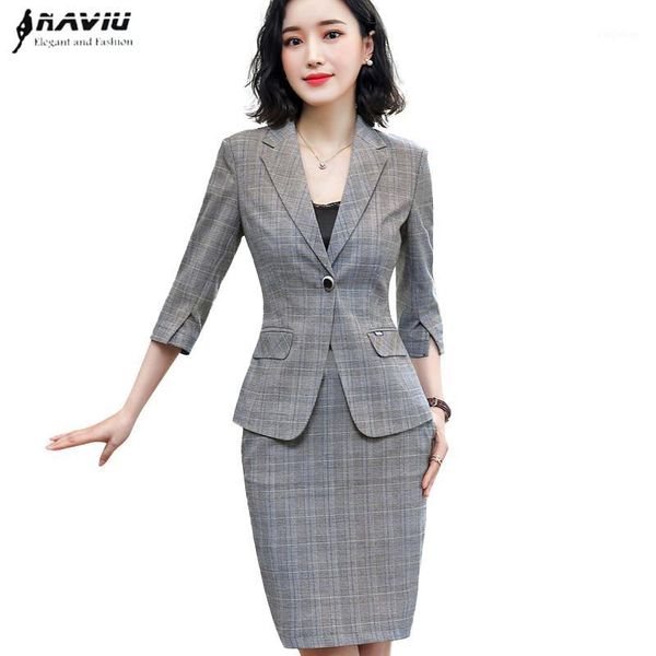 

gray plaid skirt suits womrn 2019 new fashion temperament half sleeve blazer and skirt office ladies plus size formal work wear1, White;black