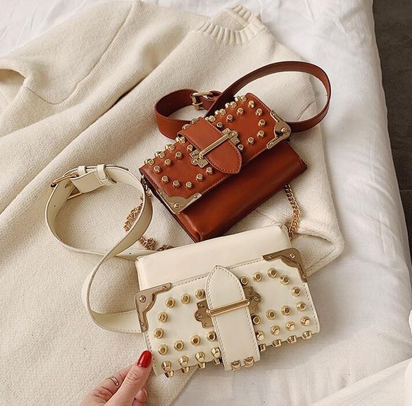 

fashion female rivet waist bag ins women chest bag single chain shoulder crossbody double shoulder strap