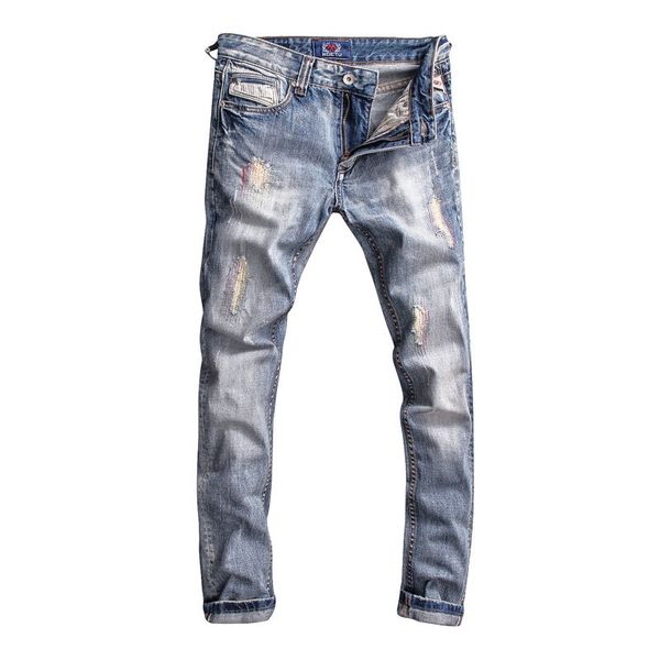

2021 new fashion streetwear men's brem pants thin blue fit torn men embroidered design vintage jeans rop4