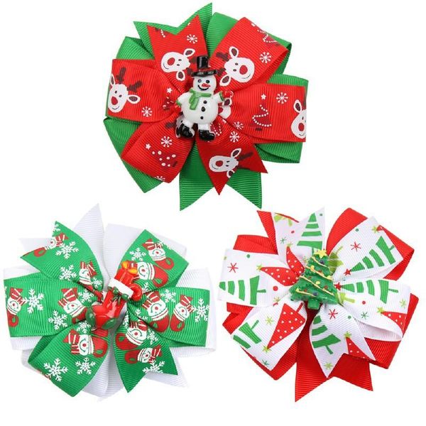 

dhl 90pcs 10cm cute handmade christmas tree snowman socks grosgrain ribbon bow with hair clips for girls hair accessories, Slivery;white
