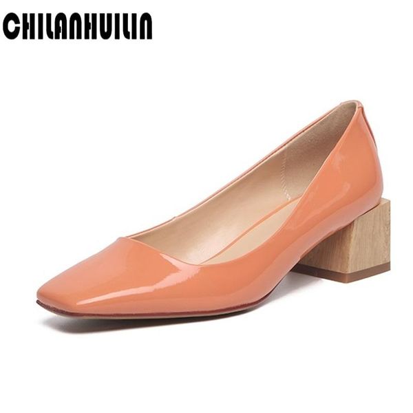 

square heels square toe pumps shoes women spring patent leather med heels casual office lady shoes ladies fashion nude pumps, Black