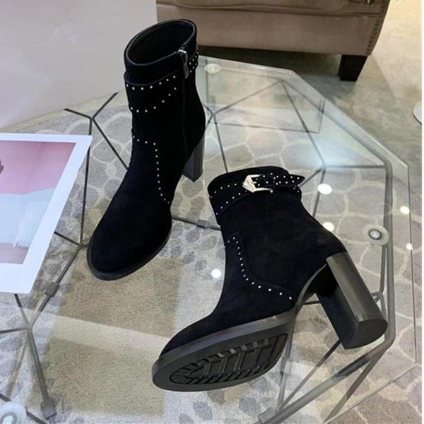

boots suede ankle for women high square heels genuine leather rhinestone decor buckle shoes 2021 designer1, Black