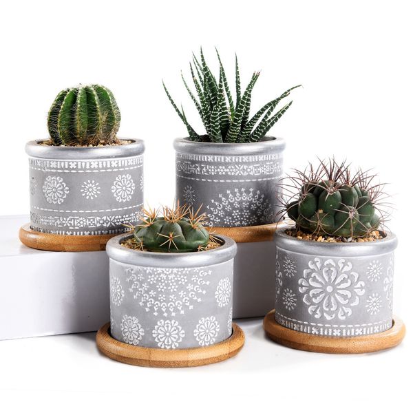 4IN Set 2.95inch Cimento Plantador Plantador Potes, Cactus Plant Pot Indoor Pequeno Concreto Erva Janela Caixa De Janela Com Bamboo Y200723