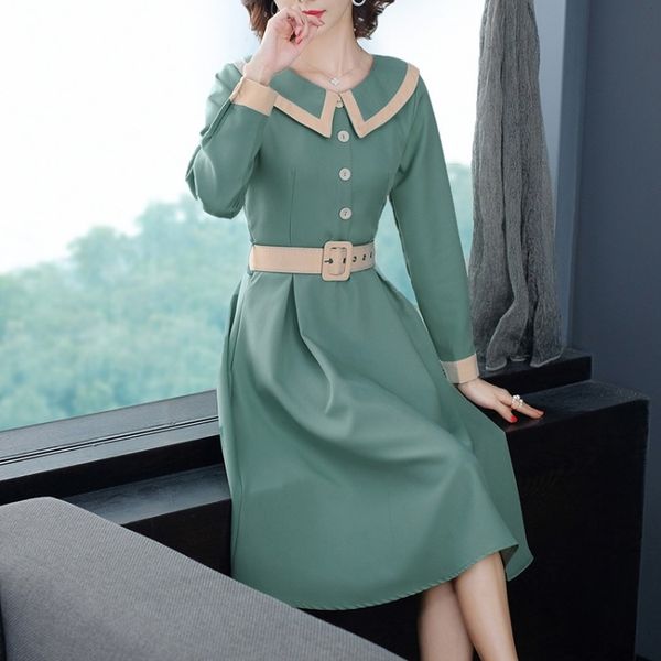 

5752# new medium length shirt and skirt with waist closing and big doll dress swing style stitching doll neck dress for women yoflb, Black;gray