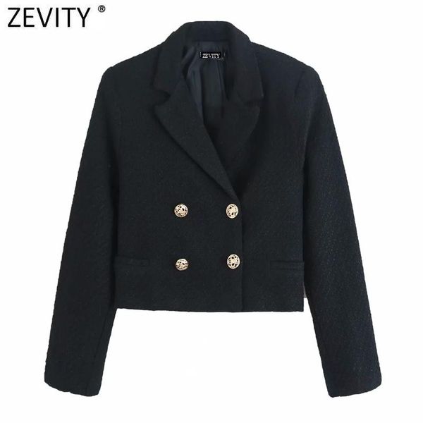 

zevity autumn new women vintage tuen down collar tweed short coat female long sleeve double breasted slim jacket chic ct613, Black;brown
