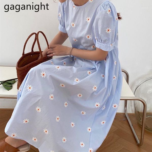 

gaganight embroidery flower women maxi dress sweet girls chic o neck short sleeve summer dresses fashion a line loose vestidos1, Black;gray