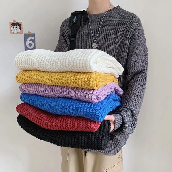 

korean sweater men's warm fashion solid color casual knitted pullover men wild loose winter knitting sweaters mens clothes s-2xl, White;black
