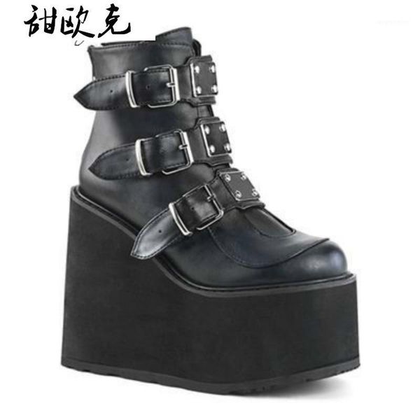 

new winter metal buckle ankel boots women punk female platform boots wedges high heels pu women botas mujer plus size1, Black