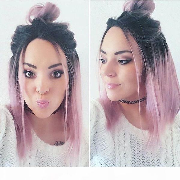 

dark roots pink short bob full lace human hair wigs pre plucked remy ombre lace wig with baby hair, Black;brown