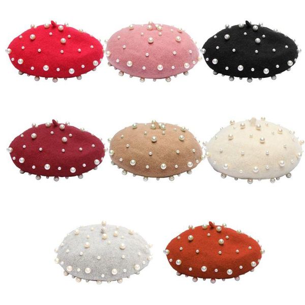 

women fashion autumn winter wool beret cap imitation pearl decoration female ladies casual outdoor elegant beanies bonnet hat, Blue;gray
