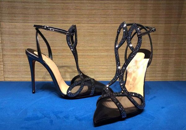 

popular originals lady double l pump strass t-quality summer red bottom sandals mesh leather high heels pointed toe gladiator sandalias, Black