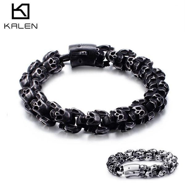 

kalen large stainless steel shiny skull charm bracelets men's bracelet boy punk skeleton fashion jewelry gift for big men 200928, Black