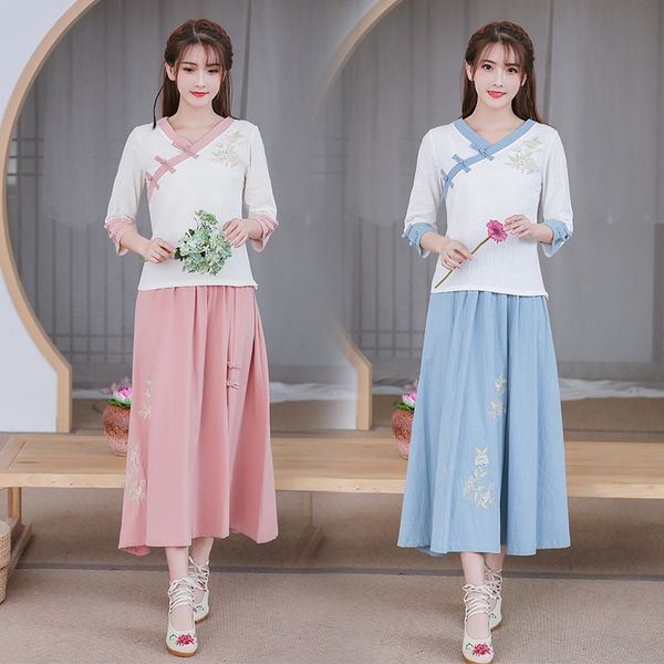 

2019 spring summer new women's and linen embroideredcontrast color and linencotton linen cotton linenskirt two-piece suit yj806 uzf7, Gray