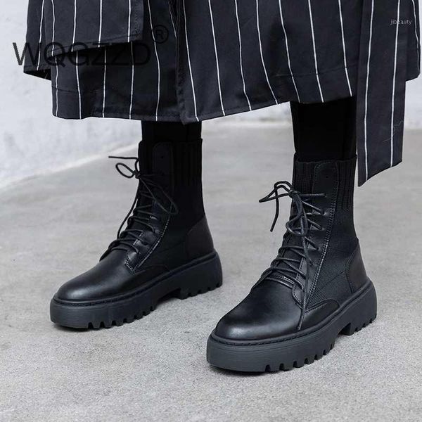 

bottes femme boots women's new winter shoes cow leather lace up punk motorcycle boots solid thick bottom knitting mid-calf1, Black