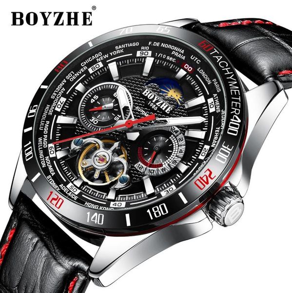 

wristwatches automatic mechanical watches boyzhe men wristwatch waterproof business tourbillon watch man luminous montre homme, Slivery;brown