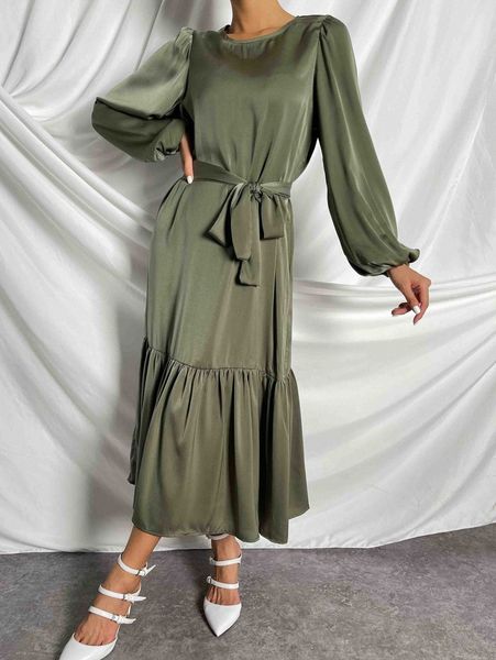 

lantern sleeve ruffle hem belted dress u9vt#, Black;gray